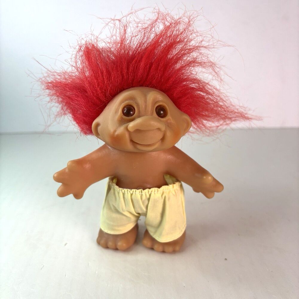 Dam Troll Doll Red Hair Tan Pants 1986 Vintage 80s Made in China 5 inches Tall